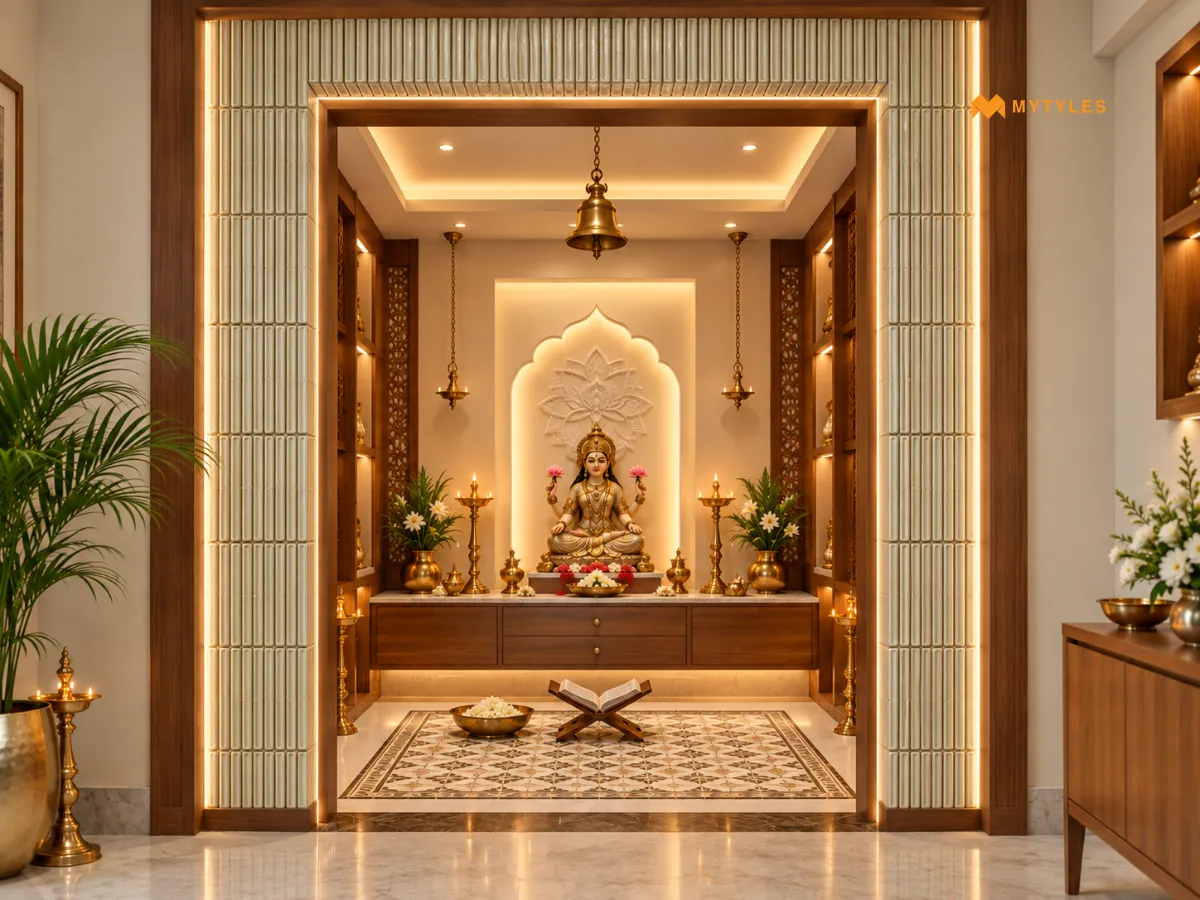 Highlight the Pooja Room Entrance With KitKat Tiles